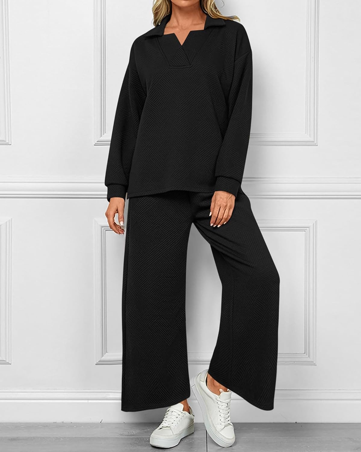 Women's Lapel V Neck Textured Lounge Sets