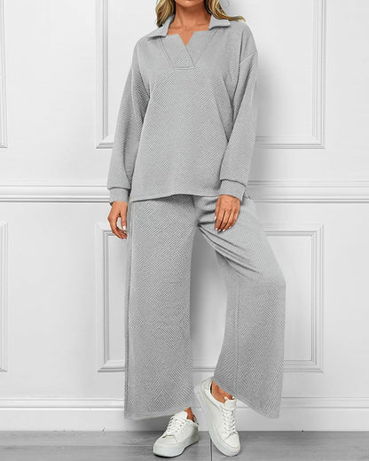 Women's Lapel V Neck Textured Lounge Sets