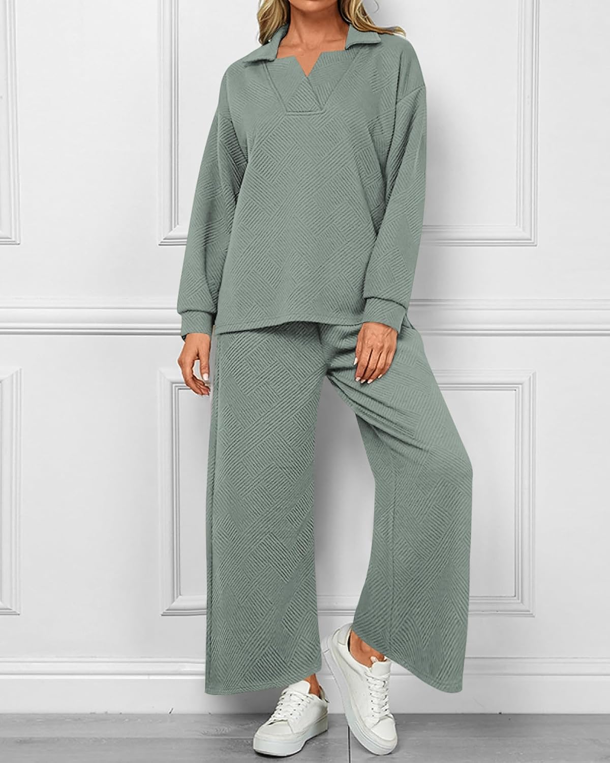 Women's Lapel V Neck Textured Lounge Sets