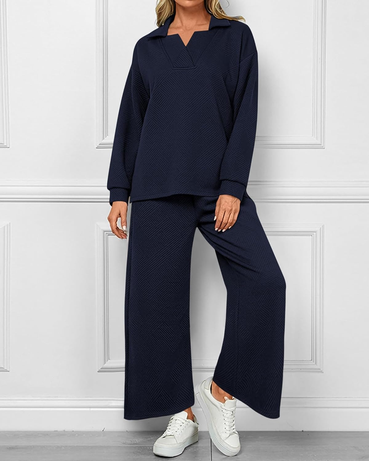 Women's Lapel V Neck Textured Lounge Sets