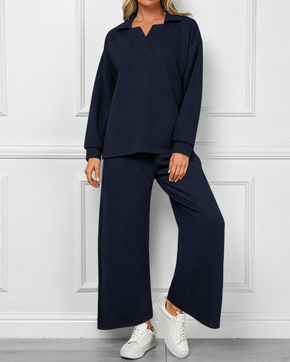 Women's Lapel V Neck Textured Lounge Sets