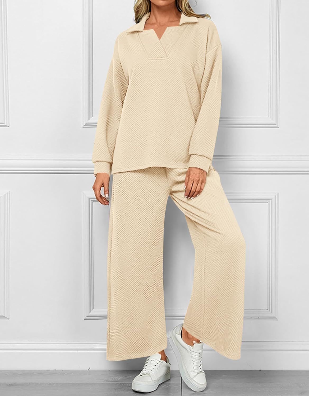 Women's Lapel V Neck Textured Lounge Sets