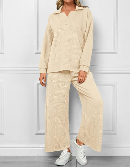 Women's Lapel V Neck Textured Lounge Sets