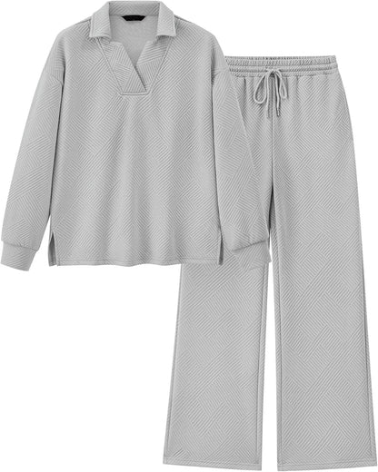 Women's Lapel V Neck Textured Lounge Sets