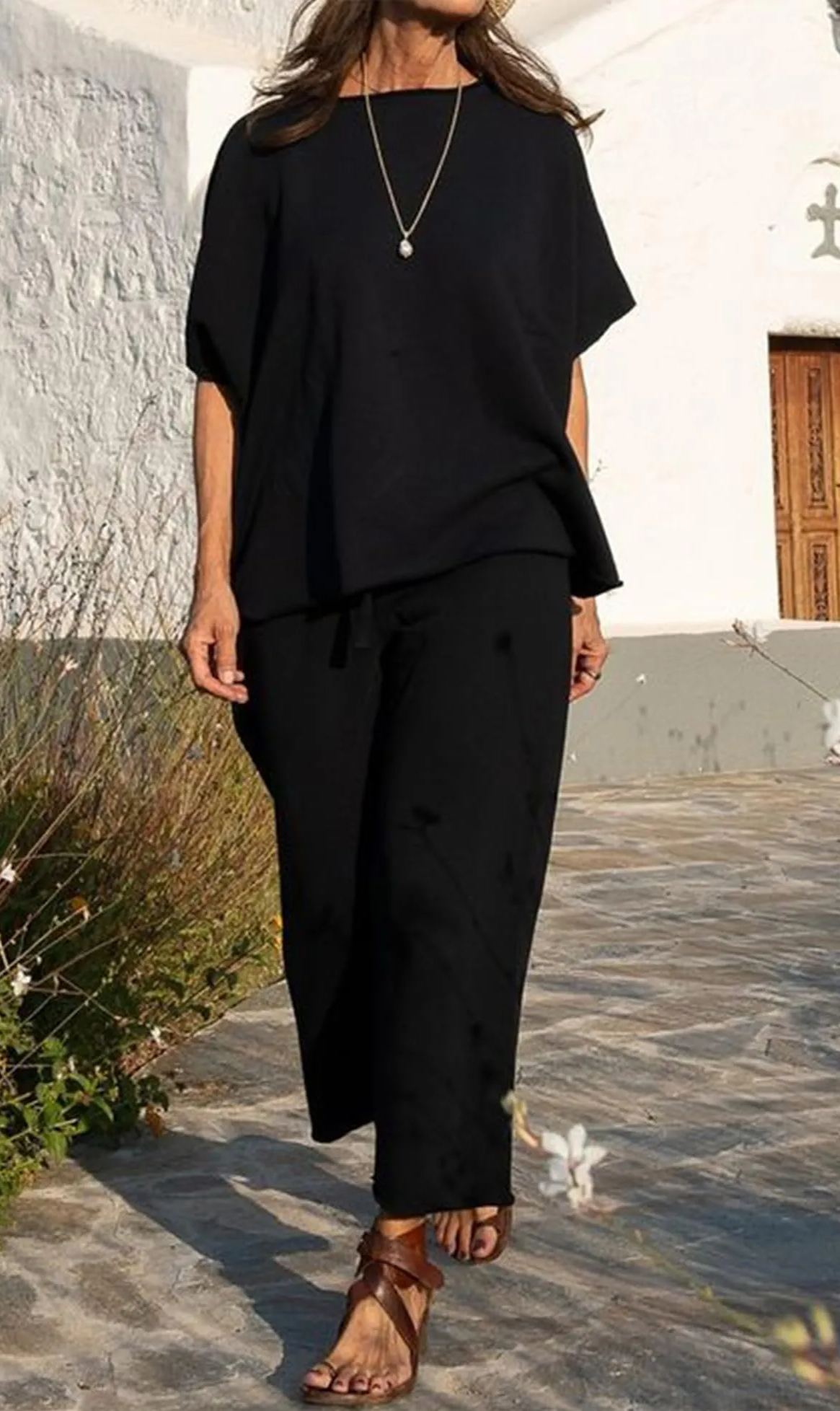 2024 New Casual Batwing Sleeve Pullover Top and Wide Leg Set