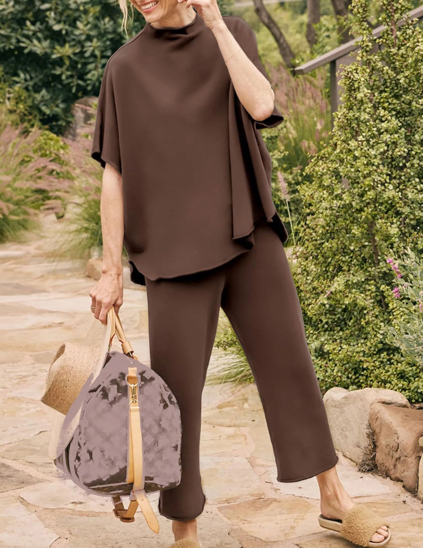 2024 New Casual Batwing Sleeve Pullover Top and Wide Leg Set