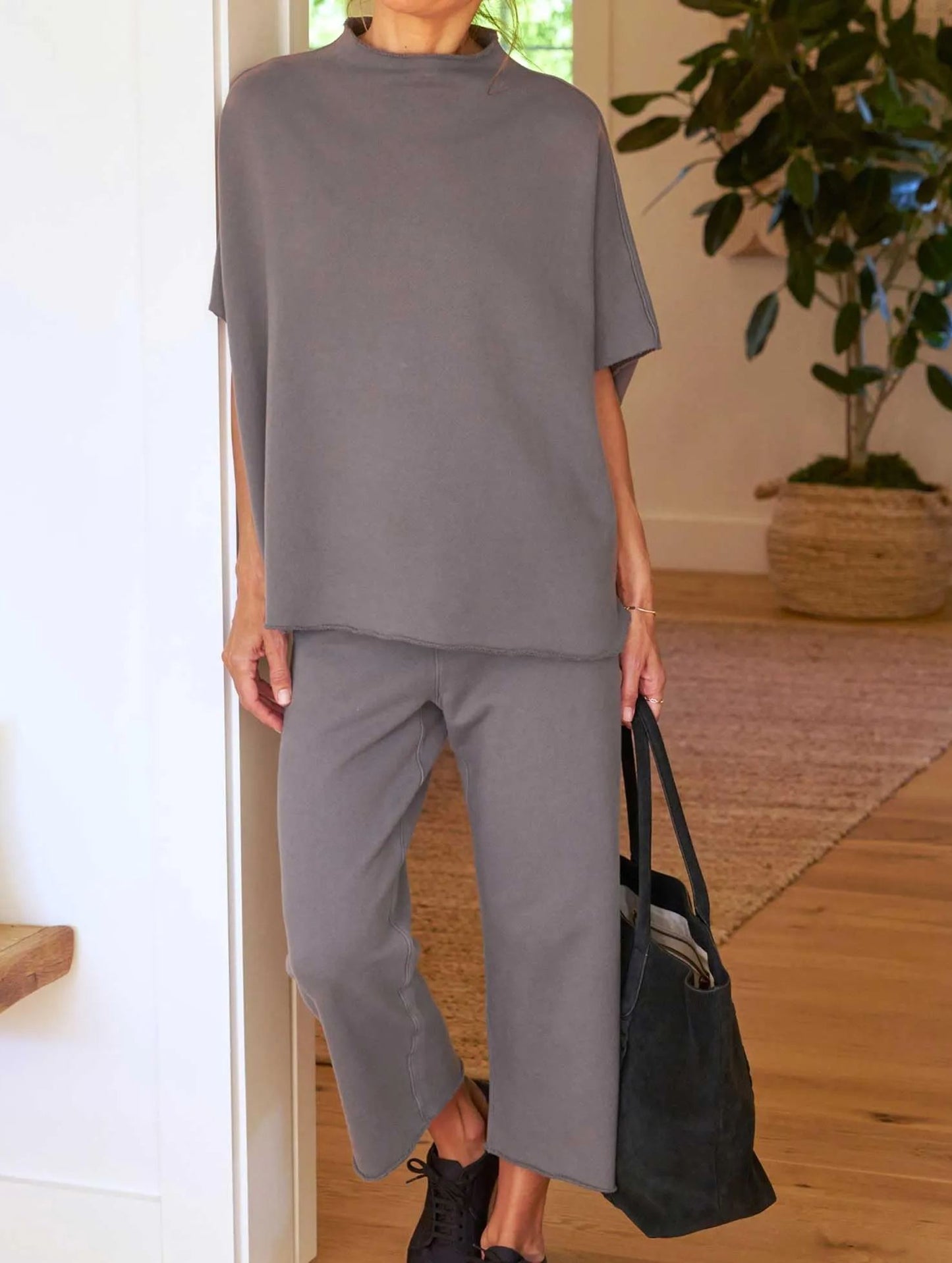 2024 New Casual Batwing Sleeve Pullover Top and Wide Leg Set