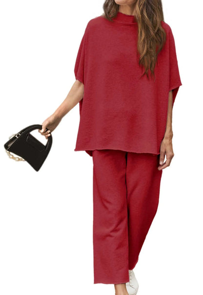 2024 New Casual Batwing Sleeve Pullover Top and Wide Leg Set