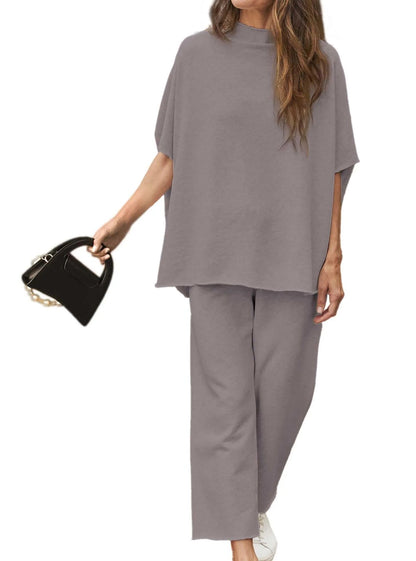 2024 New Casual Batwing Sleeve Pullover Top and Wide Leg Set