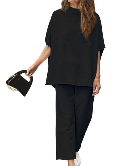 2024 New Casual Batwing Sleeve Pullover Top and Wide Leg Set